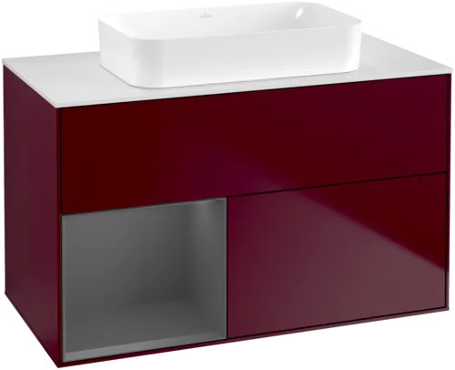 VILLEROY BOCH Toaletní skříňka Finion, s osvětlením, 2 výsuvy, 1000 x 603 x 501 mm, Pivoňka matný lak / Antracit matný lak / Sklo bílé matné #F651GKHB