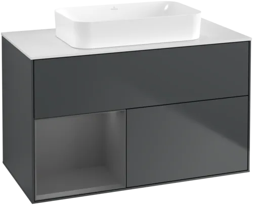 VILLEROY BOCH Toaletní skříňka Finion, s osvětlením, 2 výsuvy, 1000 x 603 x 501 mm, Midnight Blue Matt Lacquer / Anthracite Matt Lacquer / Glass White Matt #F651GKHG