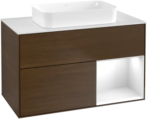 VILLEROY BOCH Toaletní stolek Finion, s osvětlením, 2 výsuvy, 1000 x 603 x 501 mm, ořechová dýha / lesklý bílý lak / sklo bílé matné #F661GFGN