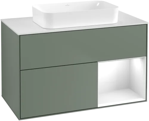 VILLEROY BOCH Toaletní skříňka Finion, s osvětlením, 2 výsuvy, 1000 x 603 x 501 mm, olivový matný lak / lesklý bílý lak / sklo bílé matné #F661GFGM