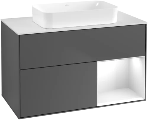 VILLEROY BOCH Toaletní skříňka Finion, s osvětlením, 2 výsuvy, 1000 x 603 x 501 mm, antracit matný lak / lesklý bílý lak / sklo bílé matné #F661GFGK