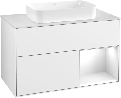 VILLEROY BOCH Toaletní skříňka Finion, s osvětlením, 2 výsuvy, 1000 x 603 x 501 mm, lesklý bílý lak / lesklý bílý lak / sklo bílé matné #F661GFGF