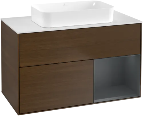 VILLEROY BOCH Toaletní skříňka Finion, s osvětlením, 2 výsuvy, 1000 x 603 x 501 mm, ořechová dýha / půlnočně modrý matný lak / sklo bílé matné #F661HGGN
