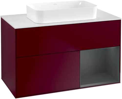 VILLEROY BOCH Toaletní skříňka Finion, s osvětlením, 2 výsuvy, 1000 x 603 x 501 mm, Pivoňka matný lak / Půlnoční modrá matný lak / Sklo bílé matné #F661HGHB