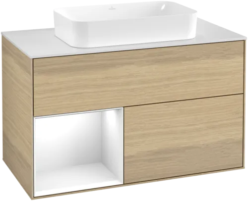 VILLEROY BOCH Toaletní stolek Finion, s osvětlením, 2 výsuvy, 1000 x 603 x 501 mm, dubová dýha / lesklý bílý lak / sklo bílé matné #F651GFPC
