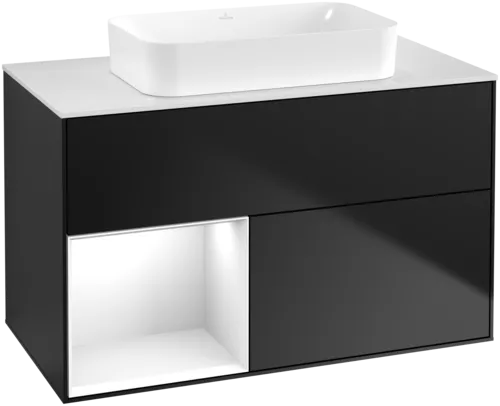 VILLEROY BOCH Toaletní skříňka Finion, s osvětlením, 2 výsuvy, 1000 x 603 x 501 mm, černý matný lak / bílý lesklý lak / bílé matné sklo #F651GFPD