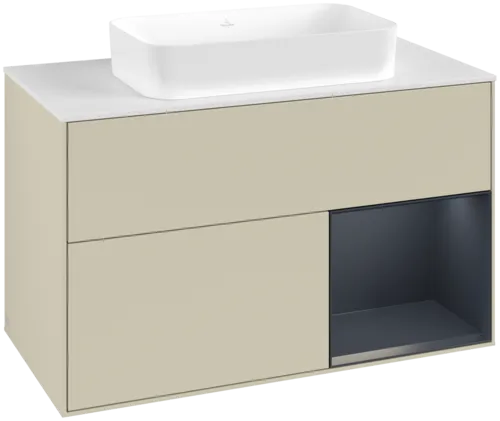 VILLEROY BOCH Toaletní skříňka Finion, s osvětlením, 2 výsuvy, 1000 x 603 x 501 mm, hedvábně šedý matný lak / půlnočně modrý matný lak / bílé matné sklo #F661HGHJ