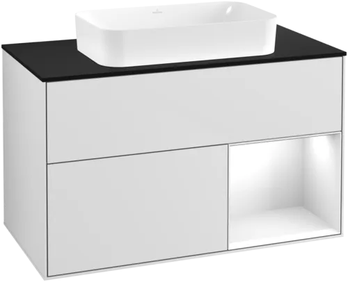 VILLEROY BOCH Umyvadlová skříňka Finion, s osvětlením, 2 výsuvy, 1000 x 603 x 501 mm, bílý matný lak / bílý lesklý lak / černé matné sklo #F662GFMT