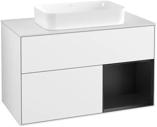 VILLEROY BOCH Umyvadlová skříňka Finion, s osvětlením, 2 výsuvy, 1000 x 603 x 501 mm, lesklý bílý lak / černý matný lak / bílé matné sklo #F661PDGF