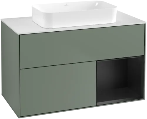 VILLEROY BOCH Toaletní skříňka Finion, s osvětlením, 2 výsuvy, 1000 x 603 x 501 mm, olivový matný lak / černý matný lak / bílé matné sklo #F661PDGM