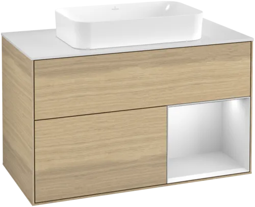 VILLEROY BOCH Toaletní skříňka Finion, s osvětlením, 2 výsuvy, 1000 x 603 x 501 mm, dubová dýha / bílý matný lak / sklo bílé matné #F661MTPC