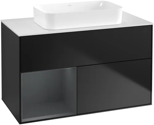 VILLEROY BOCH Toaletní skříňka Finion, s osvětlením, 2 výsuvy, 1000 x 603 x 501 mm, černý matný lak / půlnoční modrý matný lak / bílé matné sklo #F651HGPD