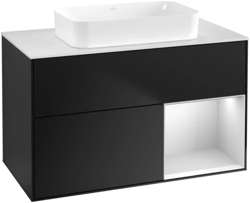 VILLEROY BOCH Toaletní skříňka Finion, s osvětlením, 2 výsuvy, 1000 x 603 x 501 mm, černý matný lak / bílý matný lak / bílé matné sklo #F661MTPD