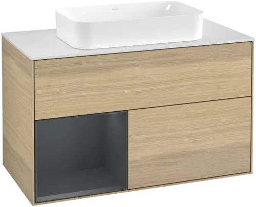 VILLEROY BOCH Toaletní skříňka Finion, s osvětlením, 2 výsuvy, 1000 x 603 x 501 mm, dubová dýha / půlnočně modrý matný lak / bílé matné sklo #F651HGPC