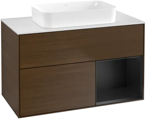 VILLEROY BOCH Toaletní stolek Finion, s osvětlením, 2 výsuvy, 1000 x 603 x 501 mm, ořechová dýha / černý matný lak / sklo bílé matné #F661PDGN