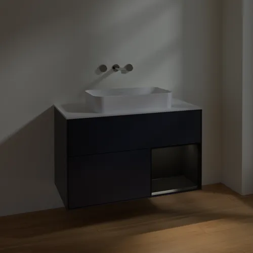 VILLEROY BOCH Toaletní skříňka Finion, s osvětlením, 2 výsuvy, 1000 x 603 x 501 mm, Midnight Blue Matt Lacquer / Black Matt Lacquer / Glass White Matt #F661PDHG, obrázek 5