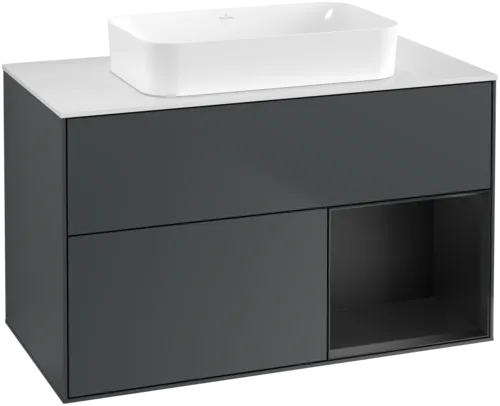 VILLEROY BOCH Toaletní skříňka Finion, s osvětlením, 2 výsuvy, 1000 x 603 x 501 mm, Midnight Blue Matt Lacquer / Black Matt Lacquer / Glass White Matt #F661PDHG