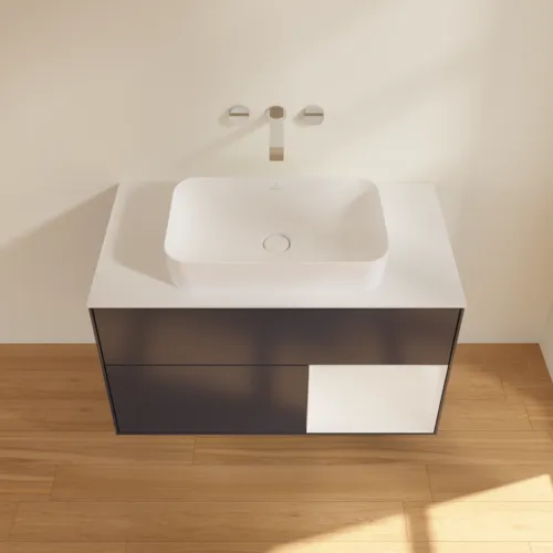 VILLEROY BOCH Toaletní skříňka Finion, s osvětlením, 2 výsuvy, 1000 x 603 x 501 mm, Midnight Blue Matt Lacquer / Glossy White Lacquer / Glass White Matt #F661GFHG, obrázek 4