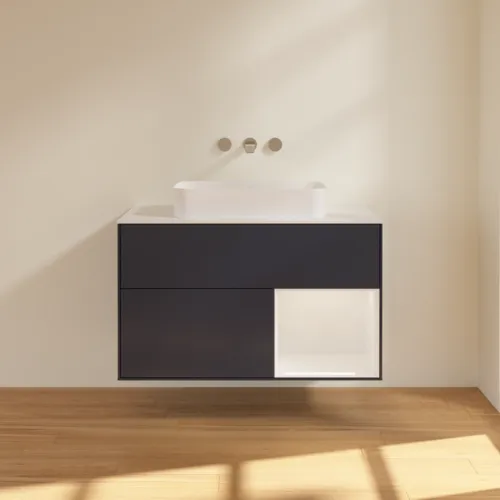 VILLEROY BOCH Toaletní skříňka Finion, s osvětlením, 2 výsuvy, 1000 x 603 x 501 mm, Midnight Blue Matt Lacquer / Glossy White Lacquer / Glass White Matt #F661GFHG, obrázek 3