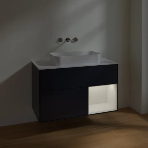 VILLEROY BOCH Toaletní skříňka Finion, s osvětlením, 2 výsuvy, 1000 x 603 x 501 mm, Midnight Blue Matt Lacquer / Glossy White Lacquer / Glass White Matt #F661GFHG, obrázek 5