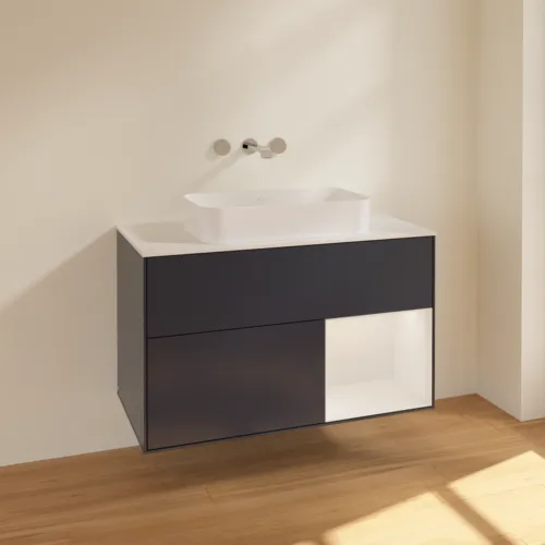 VILLEROY BOCH Toaletní skříňka Finion, s osvětlením, 2 výsuvy, 1000 x 603 x 501 mm, Midnight Blue Matt Lacquer / Glossy White Lacquer / Glass White Matt #F661GFHG, obrázek 2