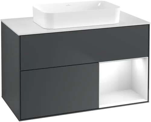VILLEROY BOCH Toaletní skříňka Finion, s osvětlením, 2 výsuvy, 1000 x 603 x 501 mm, Midnight Blue Matt Lacquer / Glossy White Lacquer / Glass White Matt #F661GFHG