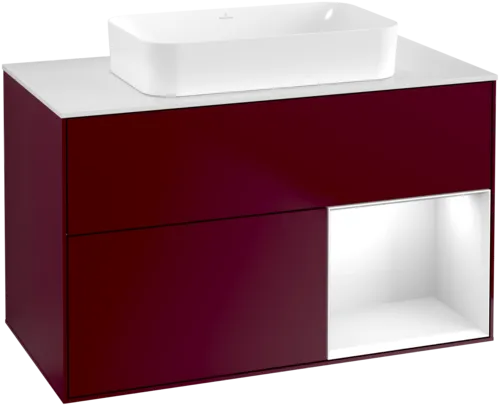 VILLEROY BOCH Toaletní skříňka Finion, s osvětlením, 2 výsuvy, 1000 x 603 x 501 mm, Pivoňka matný lak / lesklý bílý lak / sklo bílé matné #F661GFHB