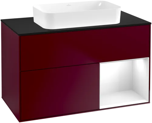 VILLEROY BOCH Toaletní skříňka Finion, s osvětlením, 2 výsuvy, 1000 x 603 x 501 mm, matný lak Peony / lesklý bílý lak / černé matné sklo #F662GFHB