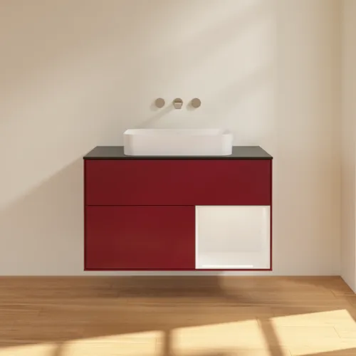 VILLEROY BOCH Toaletní skříňka Finion, s osvětlením, 2 výsuvy, 1000 x 603 x 501 mm, matný lak Peony / lesklý bílý lak / černé matné sklo #F662GFHB, obrázek 3