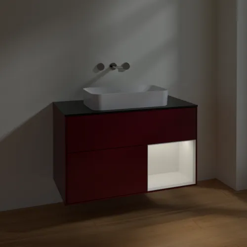 VILLEROY BOCH Toaletní skříňka Finion, s osvětlením, 2 výsuvy, 1000 x 603 x 501 mm, matný lak Peony / lesklý bílý lak / černé matné sklo #F662GFHB, obrázek 5