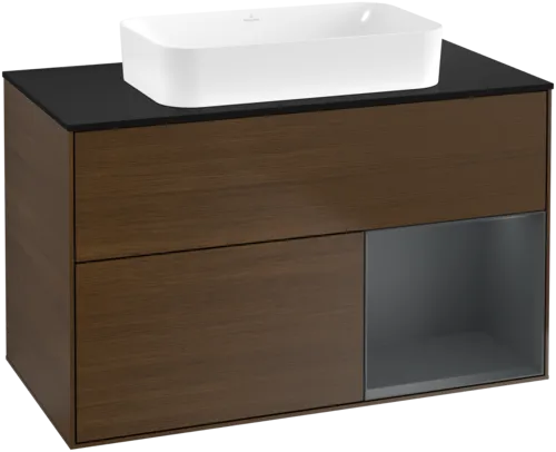 VILLEROY BOCH Toaletní skříňka Finion, s osvětlením, 2 výsuvy, 1000 x 603 x 501 mm, ořechová dýha / půlnočně modrý matný lak / černé matné sklo #F662HGGN