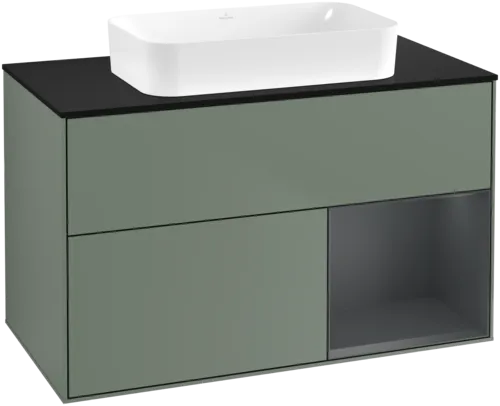 VILLEROY BOCH Toaletní skříňka Finion, s osvětlením, 2 výsuvy, 1000 x 603 x 501 mm, olivový matný lak / půlnoční modrý matný lak / černé matné sklo #F662HGGM