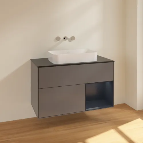 VILLEROY BOCH Toaletní skříňka Finion, s osvětlením, 2 výsuvy, 1000 x 603 x 501 mm, antracitový matný lak / půlnoční modrý matný lak / černé matné sklo #F662HGGK, obrázek 2
