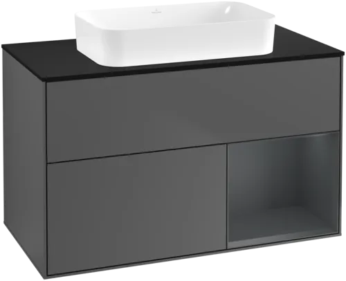 VILLEROY BOCH Toaletní skříňka Finion, s osvětlením, 2 výsuvy, 1000 x 603 x 501 mm, antracitový matný lak / půlnoční modrý matný lak / černé matné sklo #F662HGGK