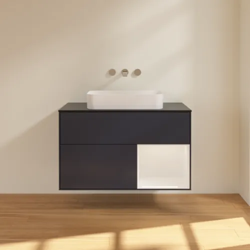 VILLEROY BOCH Toaletní skříňka Finion, s osvětlením, 2 výsuvy, 1000 x 603 x 501 mm, Midnight Blue Matt Lacquer / Glossy White Lacquer / Glass Black Matt #F662GFHG, obrázek 3