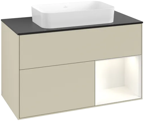VILLEROY BOCH Toaletní skříňka Finion, s osvětlením, 2 výsuvy, 1000 x 603 x 501 mm, hedvábně šedý matný lak / lesklý bílý lak / černé matné sklo #F662GFHJ