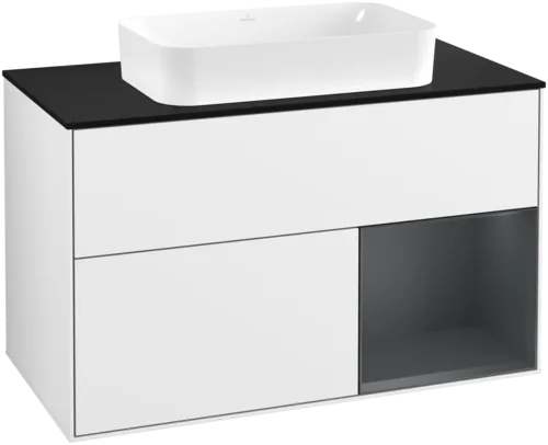 VILLEROY BOCH Toaletní skříňka Finion, s osvětlením, 2 výsuvy, 1000 x 603 x 501 mm, lesklý bílý lak / půlnoční modrý matný lak / černé matné sklo #F662HGGF
