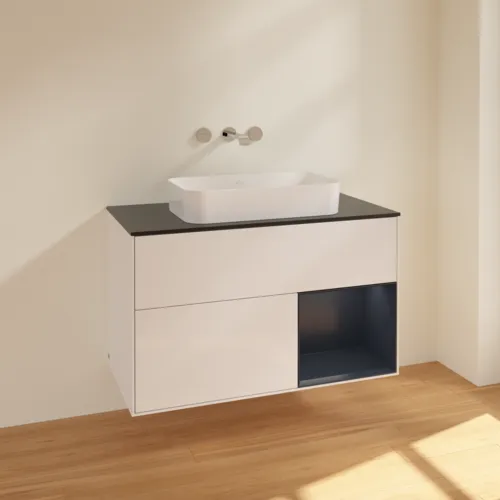 VILLEROY BOCH Toaletní skříňka Finion, s osvětlením, 2 výsuvy, 1000 x 603 x 501 mm, lesklý bílý lak / půlnoční modrý matný lak / černé matné sklo #F662HGGF, obrázek 2