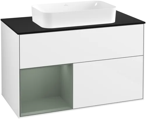 VILLEROY BOCH Toaletní skříňka Finion, s osvětlením, 2 výsuvy, 1000 x 603 x 501 mm, lesklý bílý lak / olivově matný lak / černé matné sklo #F652GMGF