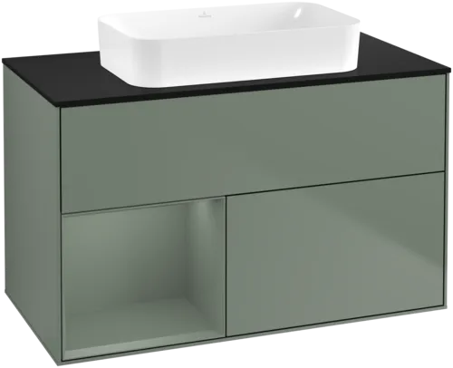 VILLEROY BOCH Toaletní skříňka Finion, s osvětlením, 2 výsuvy, 1000 x 603 x 501 mm, olivově matný lak / olivově matný lak / sklo černé matné #F652GMGM