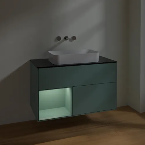 VILLEROY BOCH Toaletní skříňka Finion, s osvětlením, 2 výsuvy, 1000 x 603 x 501 mm, olivově matný lak / olivově matný lak / sklo černé matné #F652GMGM, obrázek 5