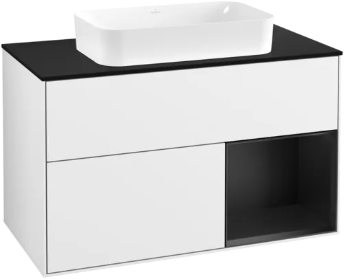 VILLEROY BOCH Umyvadlová skříňka Finion, s osvětlením, 2 výsuvy, 1000 x 603 x 501 mm, lesklý bílý lak / černý matný lak / černé matné sklo #F662PDGF