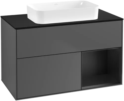 VILLEROY BOCH Toaletní skříňka Finion, s osvětlením, 2 výsuvy, 1000 x 603 x 501 mm, antracitový matný lak / černý matný lak / černé matné sklo #F662PDGK
