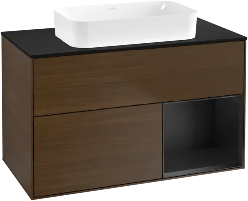 VILLEROY BOCH Toaletní skříňka Finion, s osvětlením, 2 výsuvy, 1000 x 603 x 501 mm, ořechová dýha / černý matný lak / černé matné sklo #F662PDGN