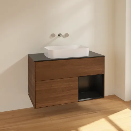 VILLEROY BOCH Toaletní skříňka Finion, s osvětlením, 2 výsuvy, 1000 x 603 x 501 mm, ořechová dýha / černý matný lak / černé matné sklo #F662PDGN, obrázek 2