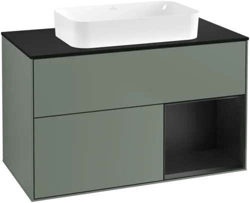 VILLEROY BOCH Toaletní skříňka Finion, s osvětlením, 2 výsuvy, 1000 x 603 x 501 mm, olivový matný lak / černý matný lak / černé matné sklo #F662PDGM
