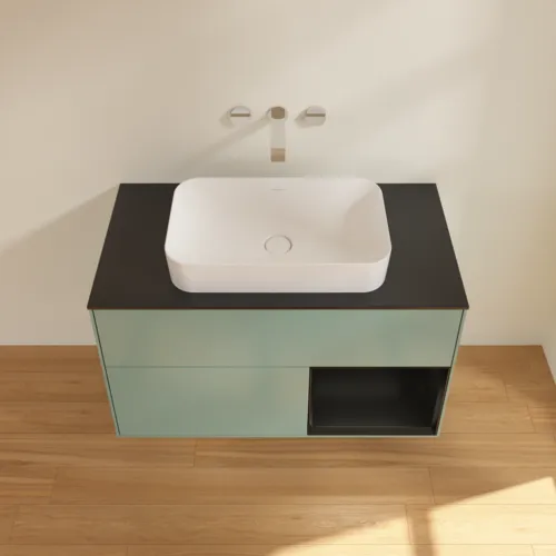 VILLEROY BOCH Toaletní skříňka Finion, s osvětlením, 2 výsuvy, 1000 x 603 x 501 mm, olivový matný lak / černý matný lak / černé matné sklo #F662PDGM, obrázek 2