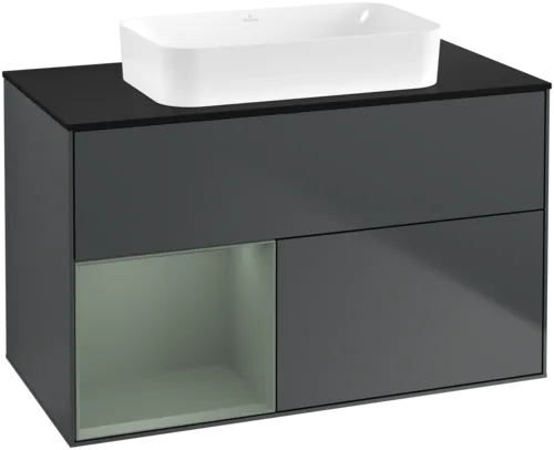 VILLEROY BOCH Toaletní skříňka Finion, s osvětlením, 2 výsuvy, 1000 x 603 x 501 mm, Midnight Blue Matt Lacquer / Olive Matt Lacquer / Glass Black Matt #F652GMHG