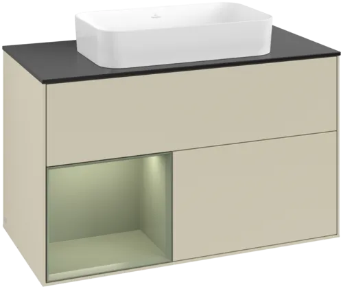 VILLEROY BOCH Toaletní skříňka Finion, s osvětlením, 2 výsuvy, 1000 x 603 x 501 mm, hedvábně šedý matný lak / olivový matný lak / černé matné sklo #F652GMHJ