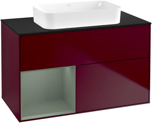 VILLEROY BOCH Toaletní skříňka Finion, s osvětlením, 2 výsuvy, 1000 x 603 x 501 mm, Pivoňka matný lak / Olivový matný lak / Sklo černé matné #F652GMHB